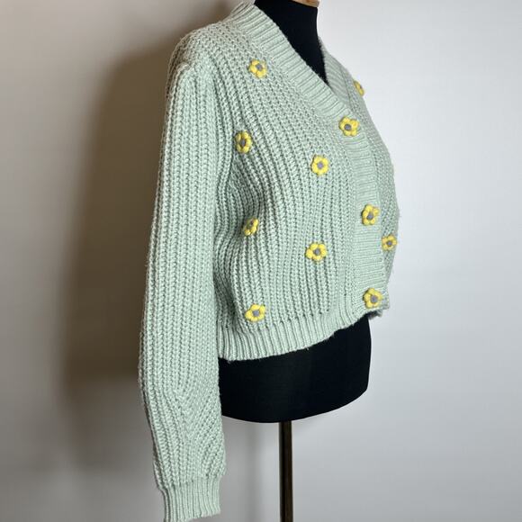Hyfve Romantic Floral Cardigan Chunky Cropped Sweater Size M Grannycore Seafoam - Picture 5 of 10